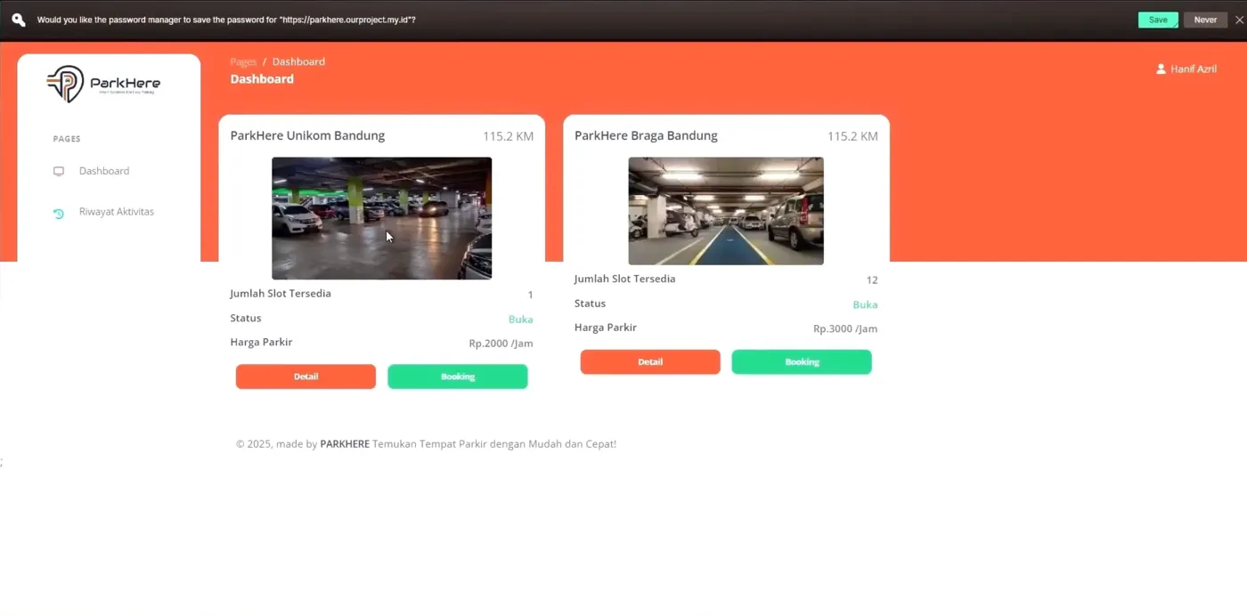 ParkHere smart parking booking and dashboard interface